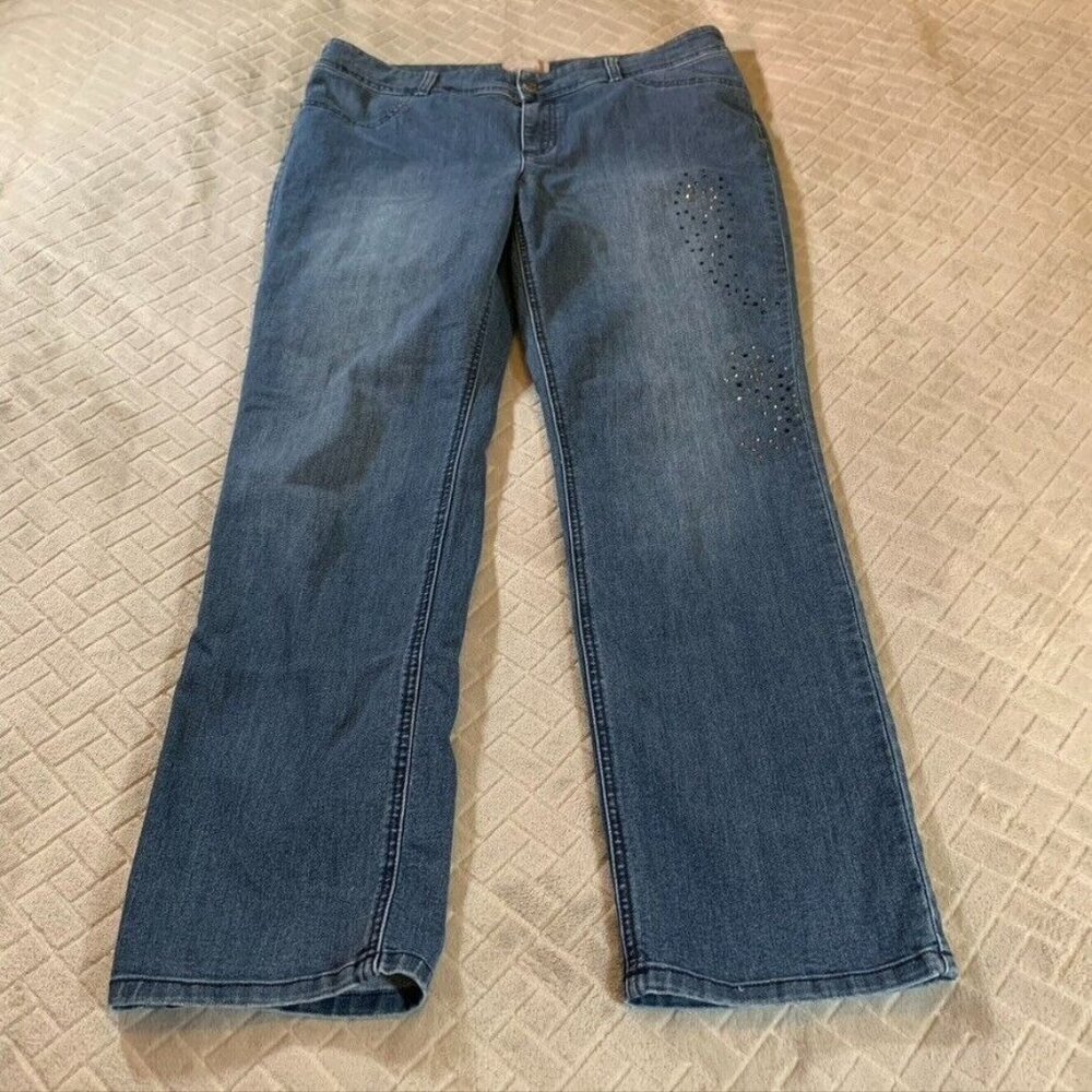 Chicos Size 10p Denim Jeans Blue Straight Medium Wash Paisley Rhinestone Stretch